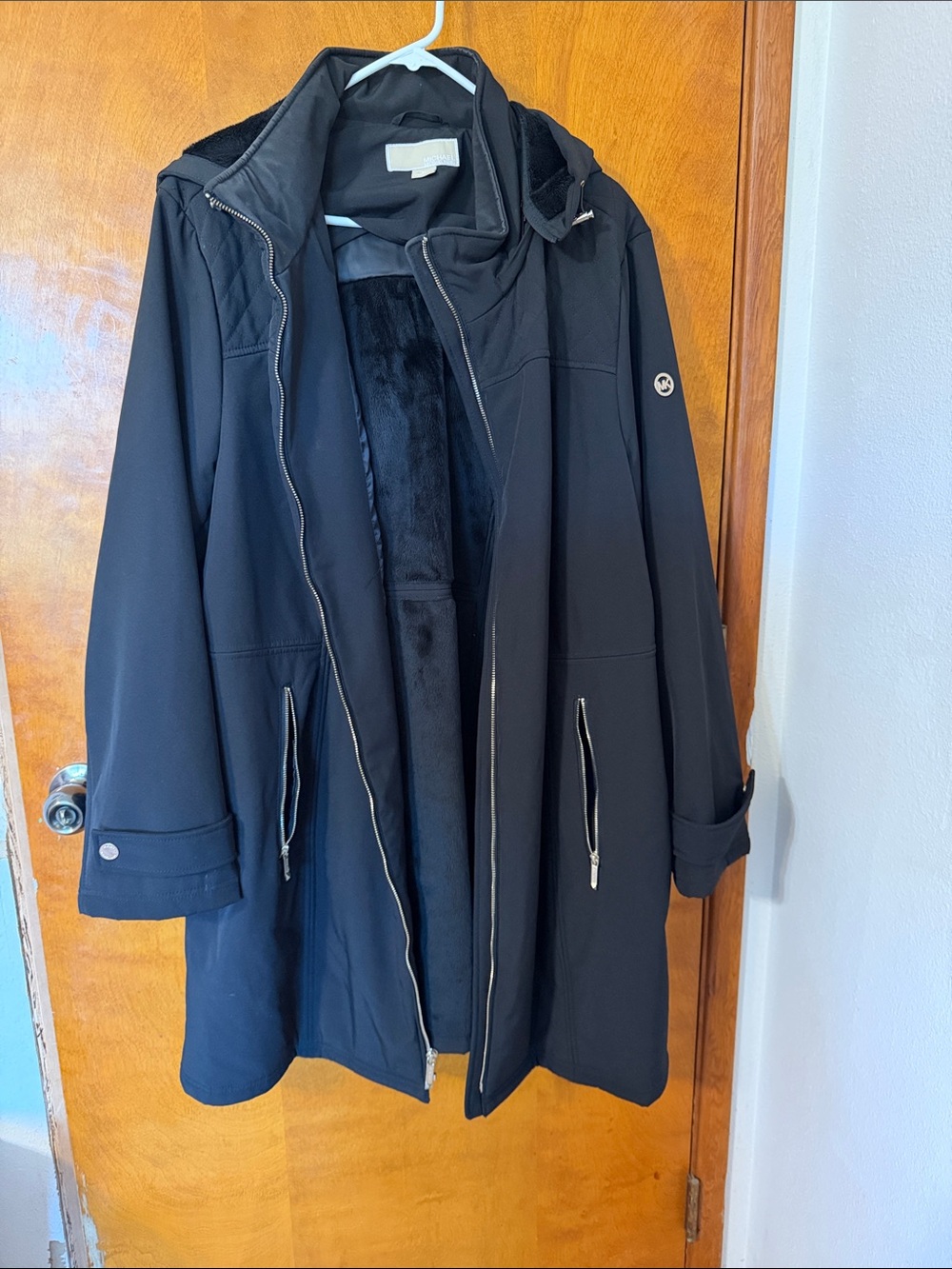 Michael Kors Black Hooded Trench Coat with Faux-Fur Lining - Picture 1 of 8